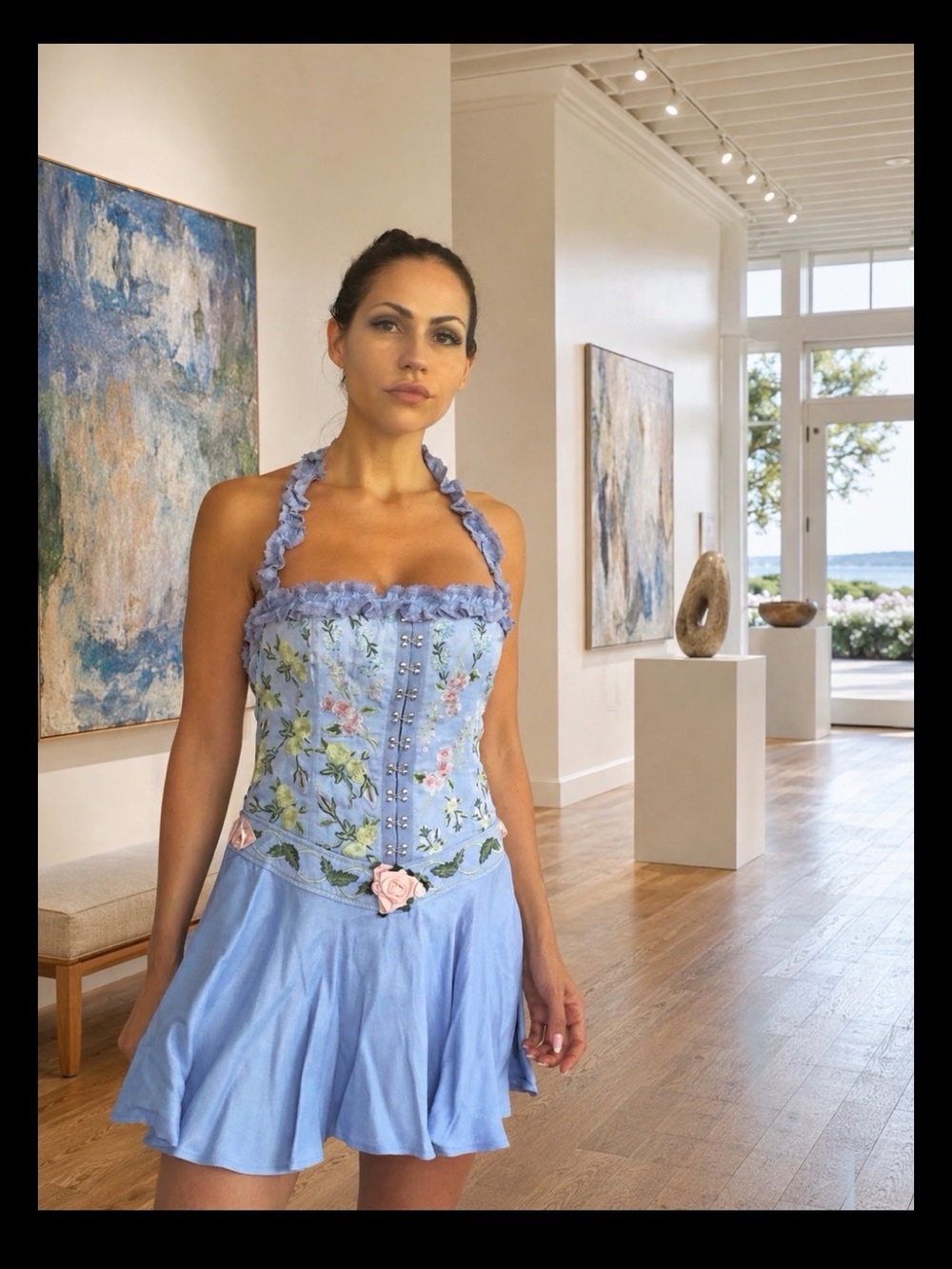 Fillyboo Light Blue embroidered Floral Halter Mini Dress